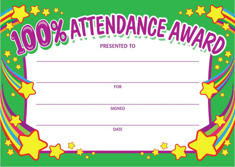#6120 100% Attendance Award Certificates (20 per pack)