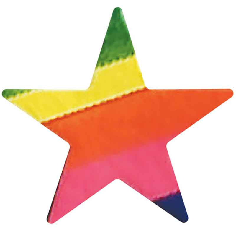 Metallic star sticker with diagonal rainbow-coloured stripes and reflective finish. Ideal for classroom charts, student rewards, and merit awards.