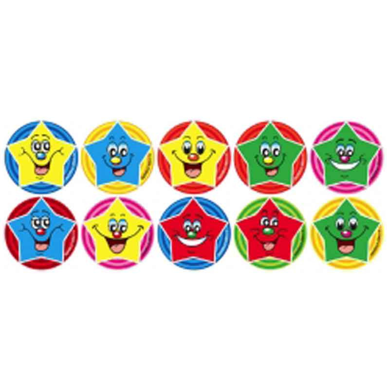 Smiley face star stickers in assorted colours with bold outlines and cheerful expressions. Ideal for classroom reward charts and merit systems.