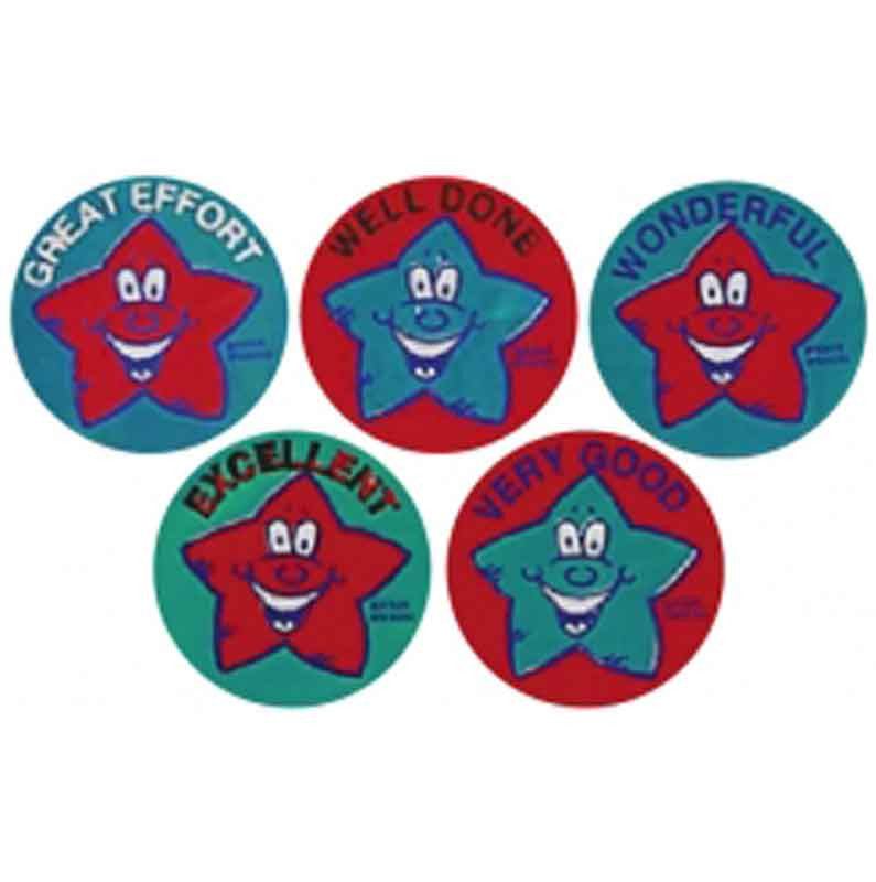 Metallic smiling star stickers in red and blue with positive captions including Excellent, Well Done, and Great Effort. Ideal for classroom reward charts and certificates.