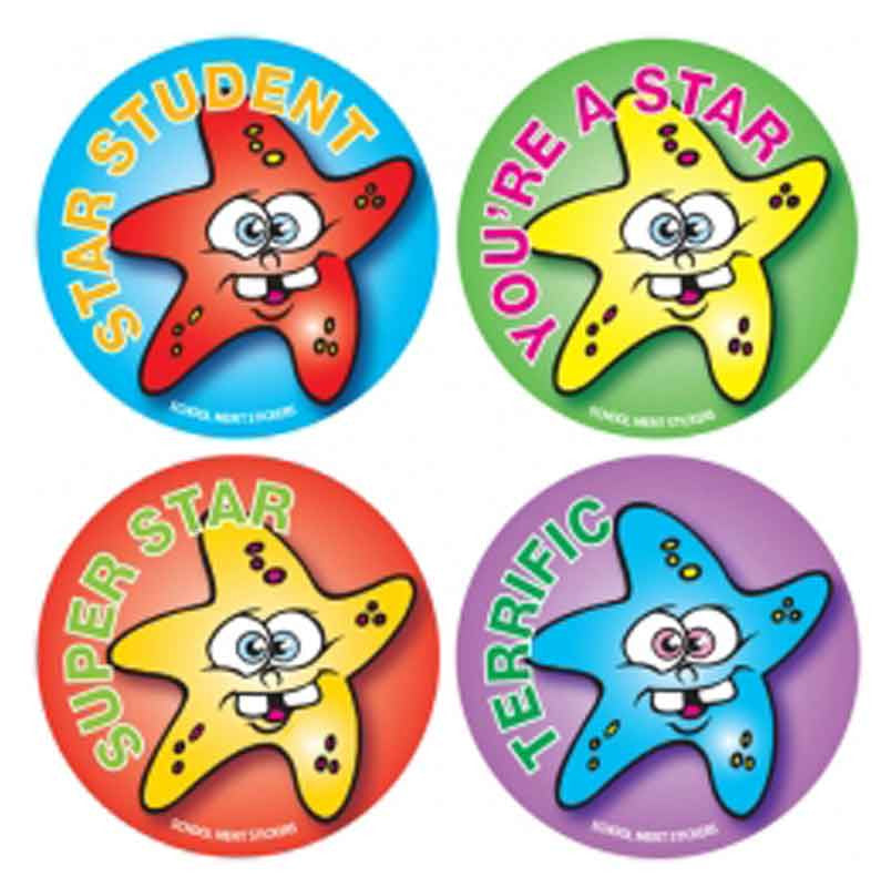 Cartoon starfish stickers with phrases like Star Student, You're a Star, and Super Star. Features bright colours and goofy expressions. Ideal for rewarding primary students.