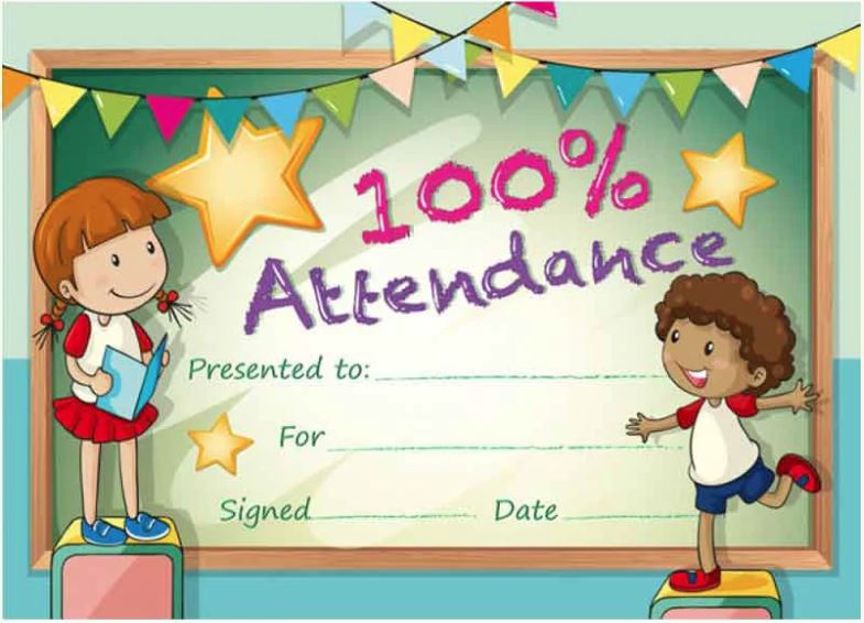 100% Attendance Certificate (50 per pack)