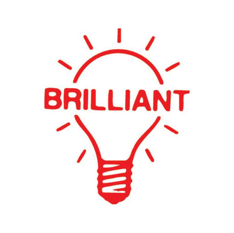 Red 'Brilliant' teacher stamp design with a sparking light bulb design, ideal for use in marking and rewarding students.