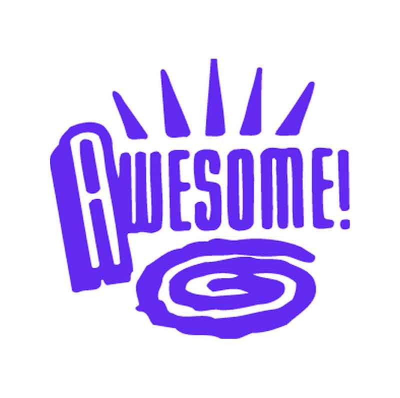 Purple 'Awesome!' stamp design with stylised rays and swirl, ideal for teacher stamps and classroom rewards