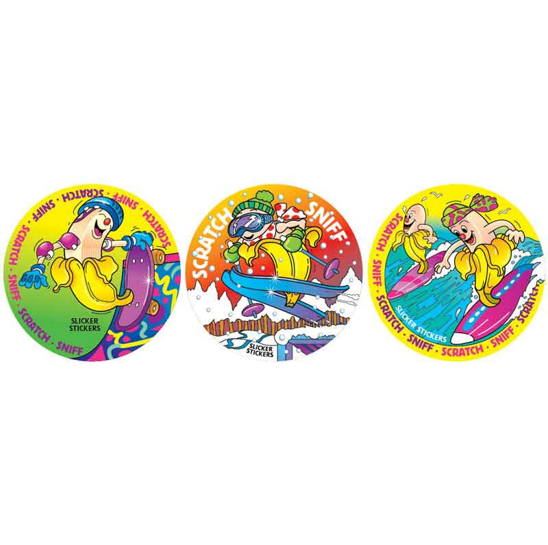 Banana-scented scratch and sniff stickers with colourful cartoon banana characters on skateboards, snowboards, and surfboards. Ideal for classroom rewards.