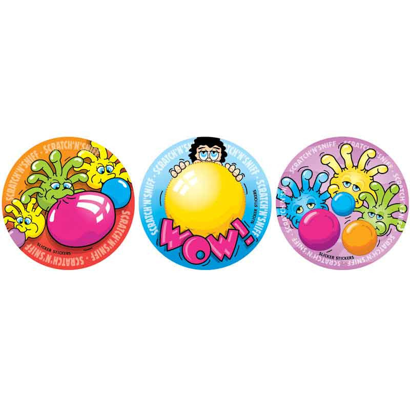 Bubblegum-scented scratch and sniff stickers featuring colourful cartoon designs and bold bubble art, ideal smelly stickers for rewarding students.


