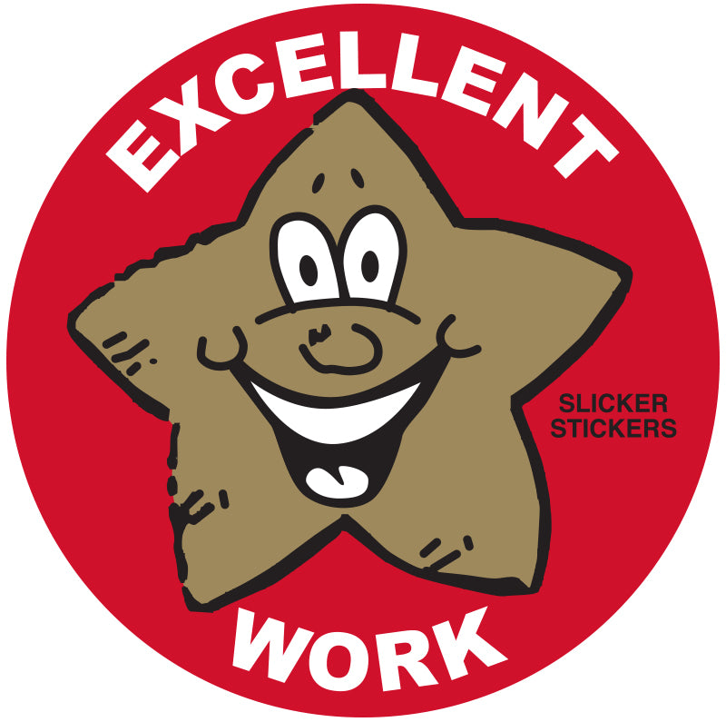 Metallic star sticker featuring a smiling cartoon star and the words "Excellent Work," ideal for rewarding students with fun metallic star stickers.
