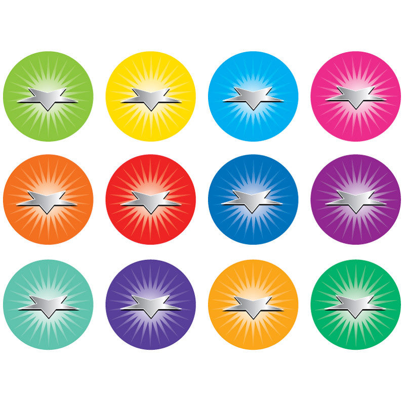 Metallic mini star stickers with silver centre and colourful circular backgrounds in assorted colours. Ideal for classroom charts, reward books, and merit systems.