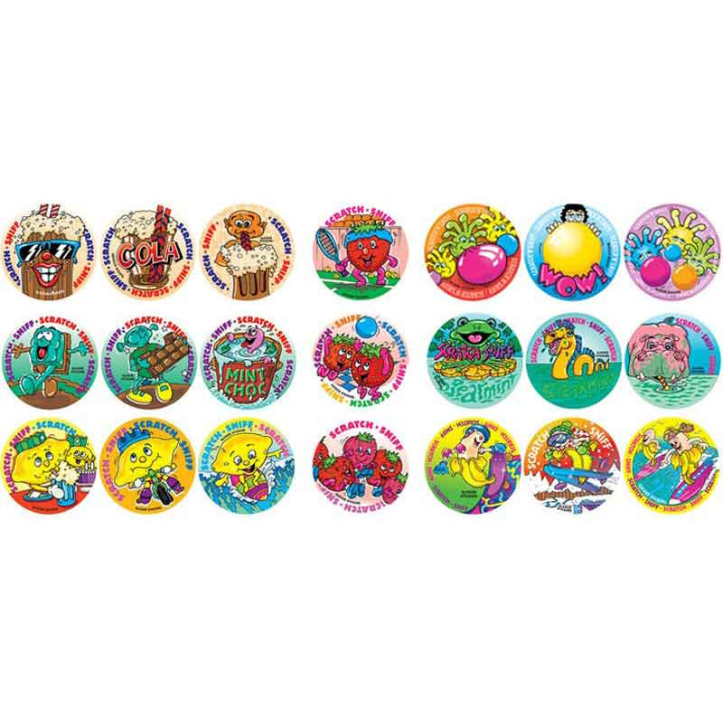 Mixed pack of round scratch and sniff stickers in colourful designs, featuring scents like bubblegum, banana, cola, ideal smelly stickers for classroom rewards.