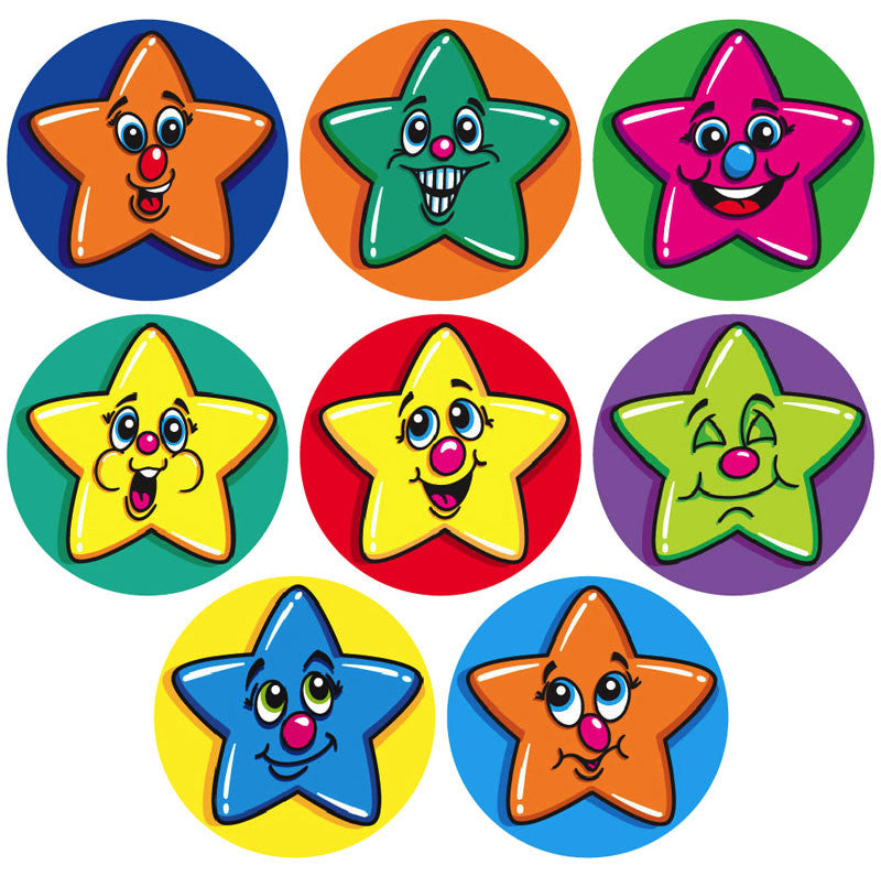 Multipack of colourful star stickers with various happy facial expressions, ideal for teachers rewarding students and decorating merit charts.