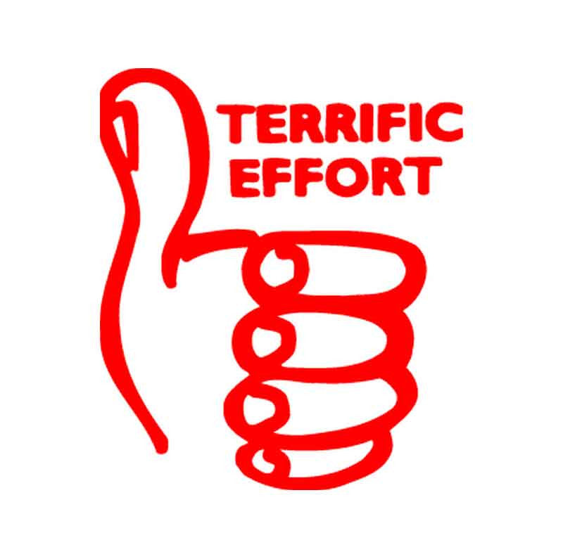 Red teacher stamp featuring a thumbs-up and the words “Terrific Effort,” ideal for motivating students and rewarding hard work.